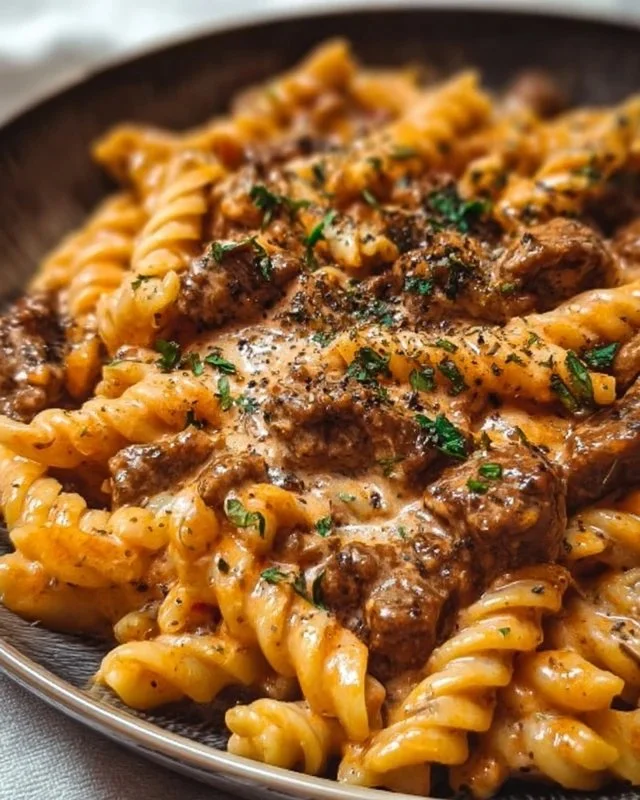 High protein creamy beef pasta served in a bowl