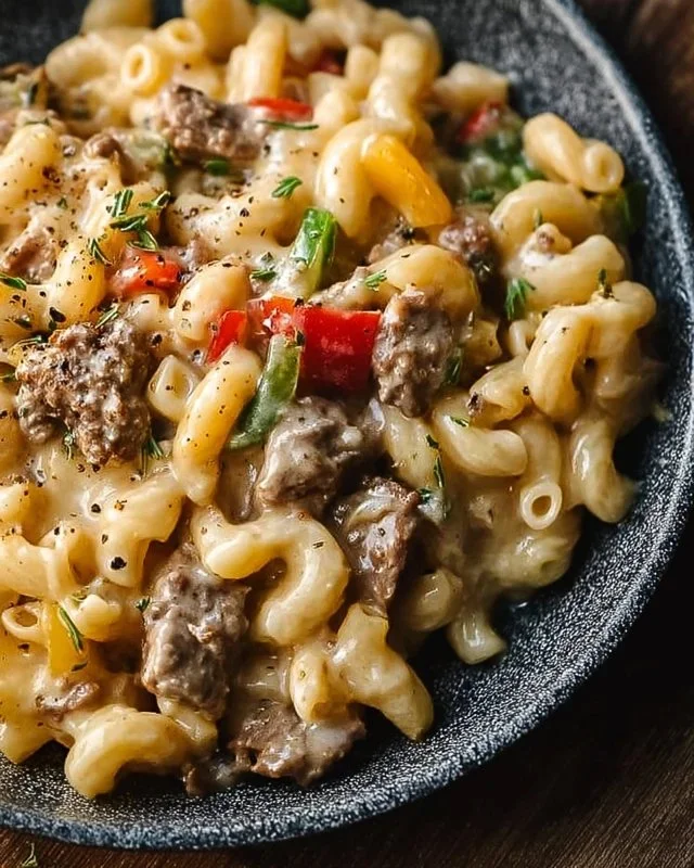 Creamy Philly cheesesteak mac and cheese topped with meat and cheese blend