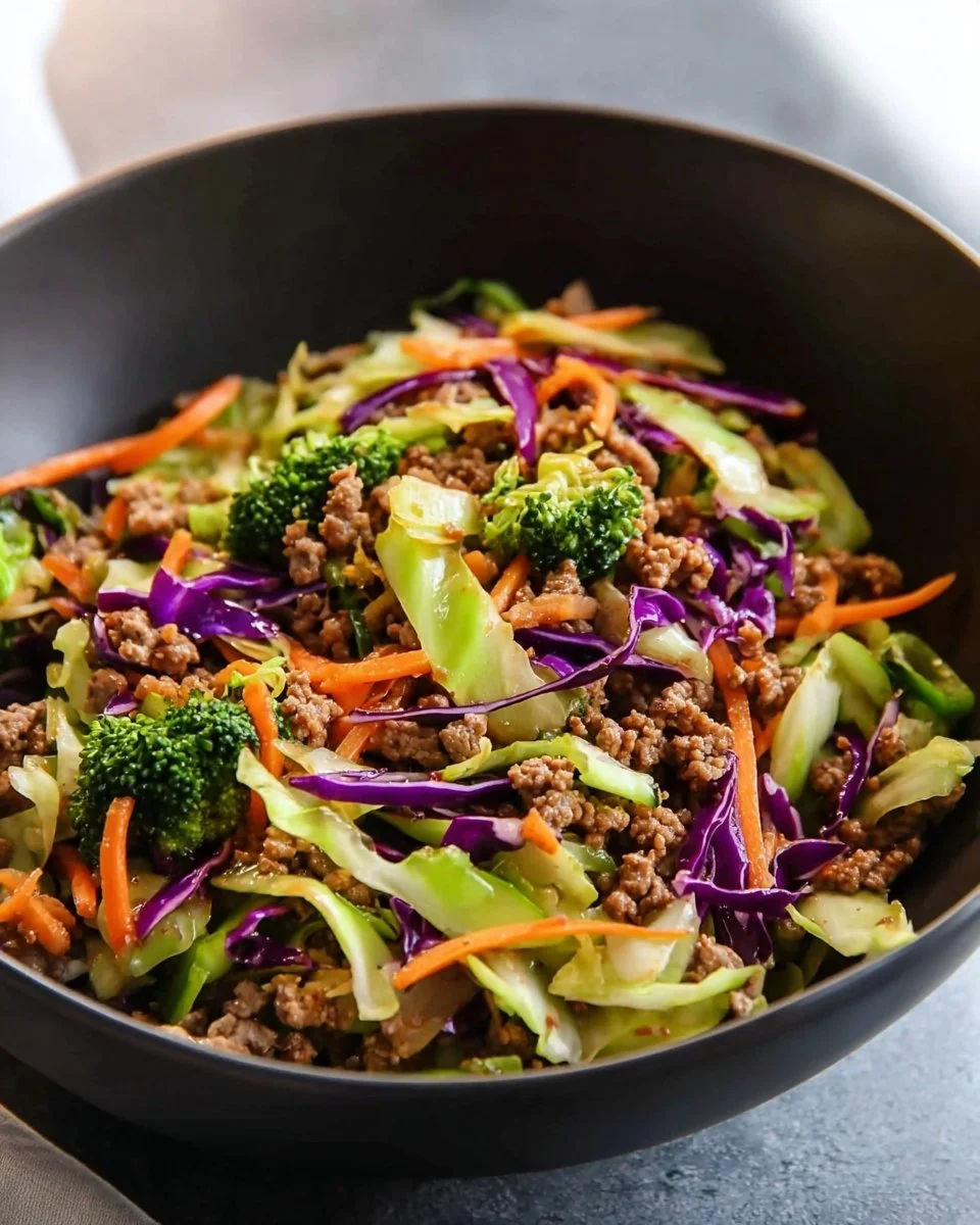 Delicious high protein egg roll bowl with colorful vegetables and seasonings.