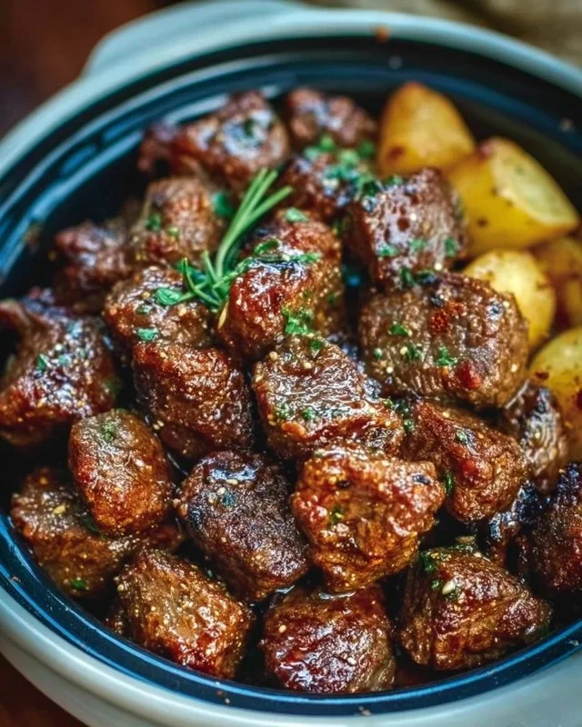 Delicious high-protein slow cooker garlic butter beef bites served in a bowl.