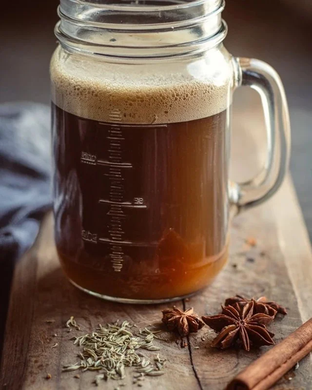 Homemade chai concentrate with spices and tea leaves in a jar.