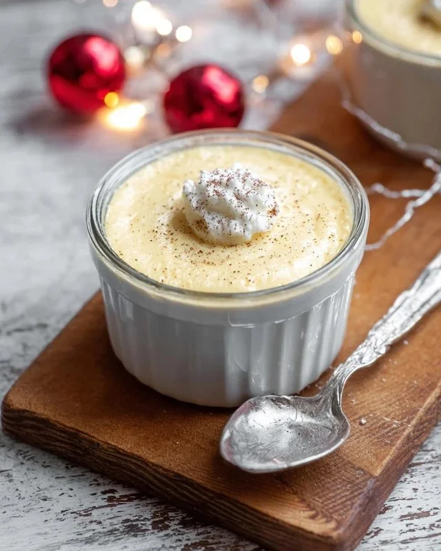 Delicious homemade eggnog pudding served in a festive dish