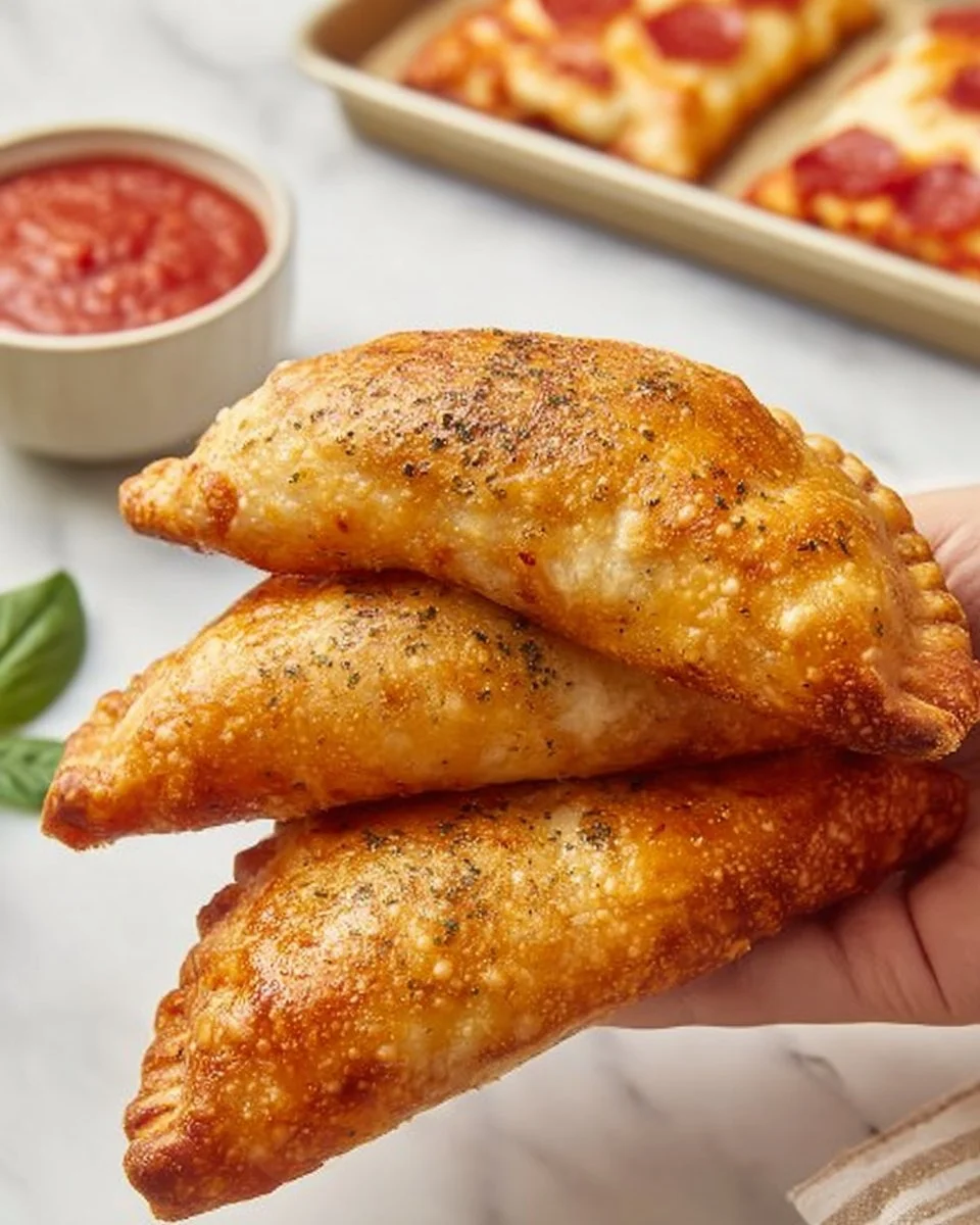 Homemade pizza pockets filled with cheese and pepperoni on a wooden table.