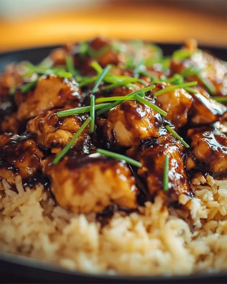 Plate of Honey BBQ Chicken served over fluffy rice with garnishes.