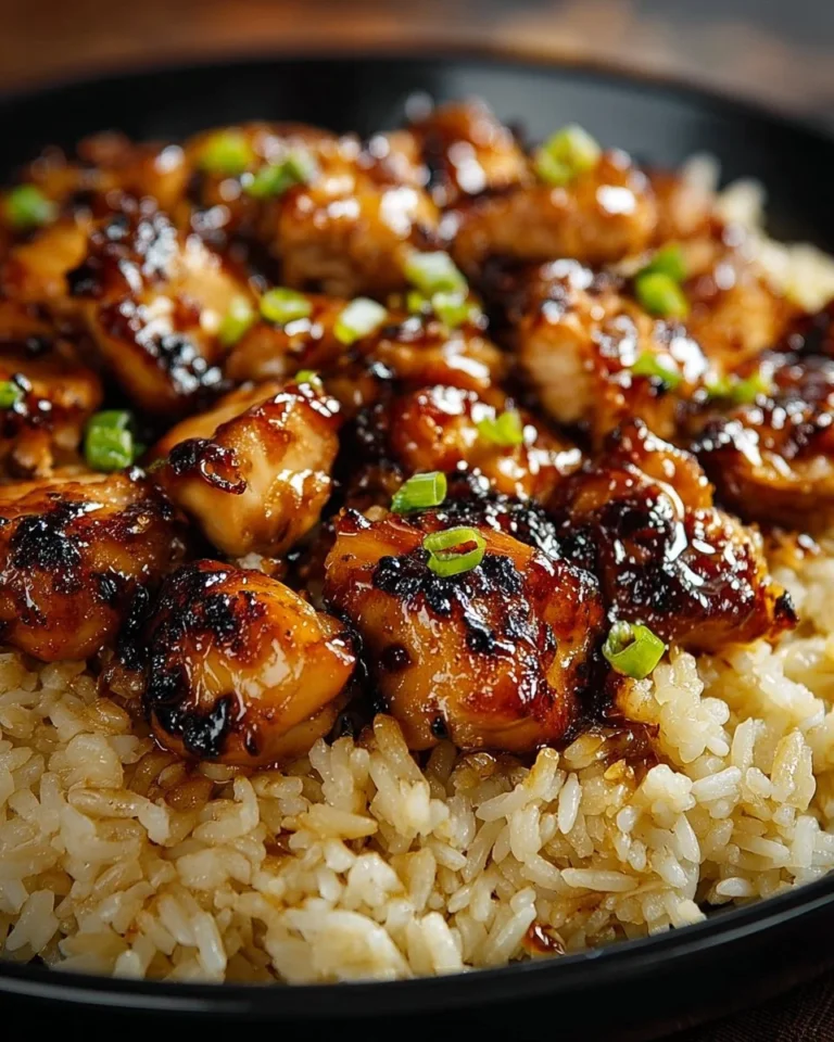 Delicious Honey BBQ Chicken served over rice, drizzled with BBQ sauce