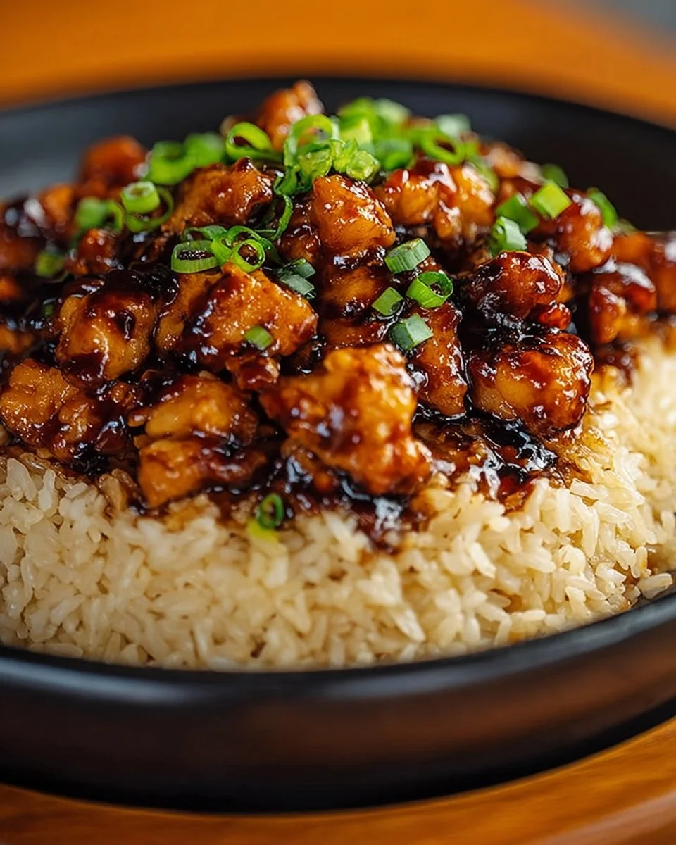 Delicious Honey BBQ Chicken Rice dish with vibrant colors and tempting garnishes.