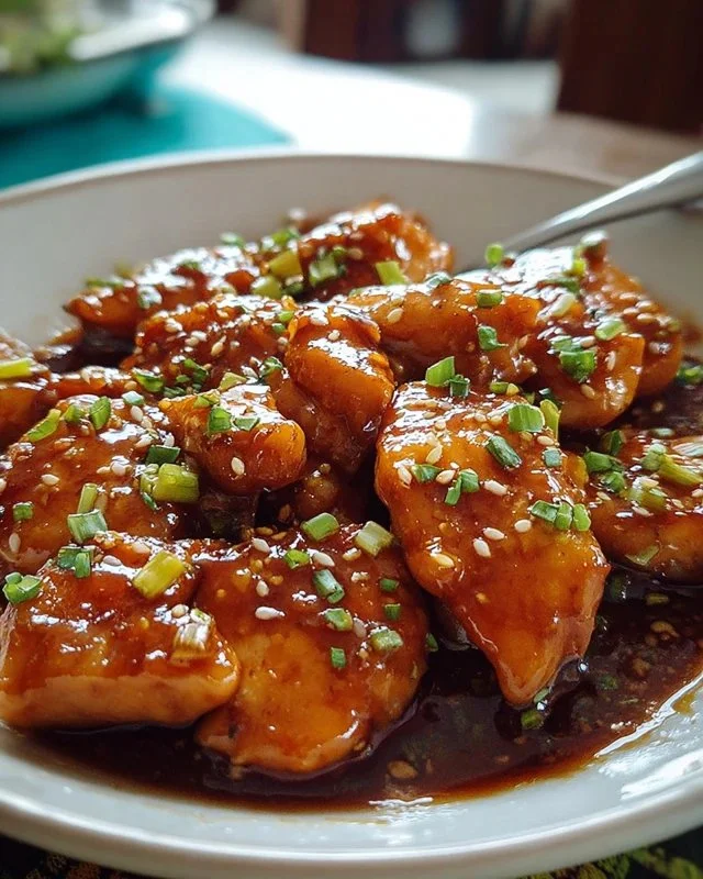 Plate of Honey Garlic Chicken served with vegetables and rice