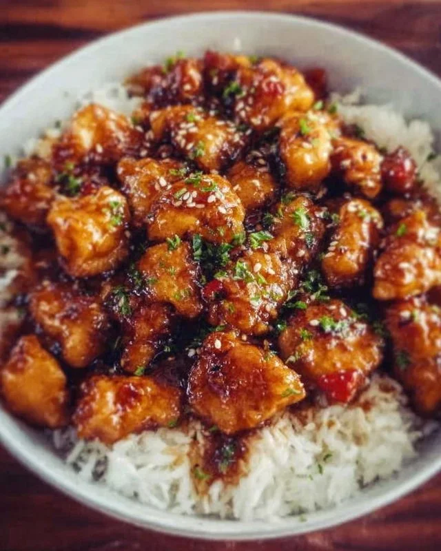 Plate of Honey Garlic Chicken garnished with sesame seeds and green onions