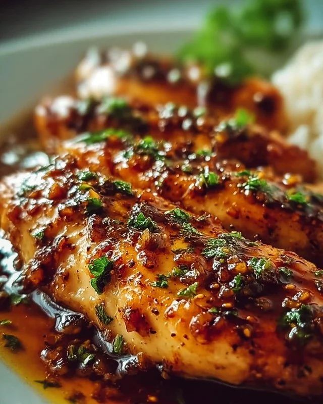 Delicious Honey Garlic Chicken Breasts served with vegetables on a plate.