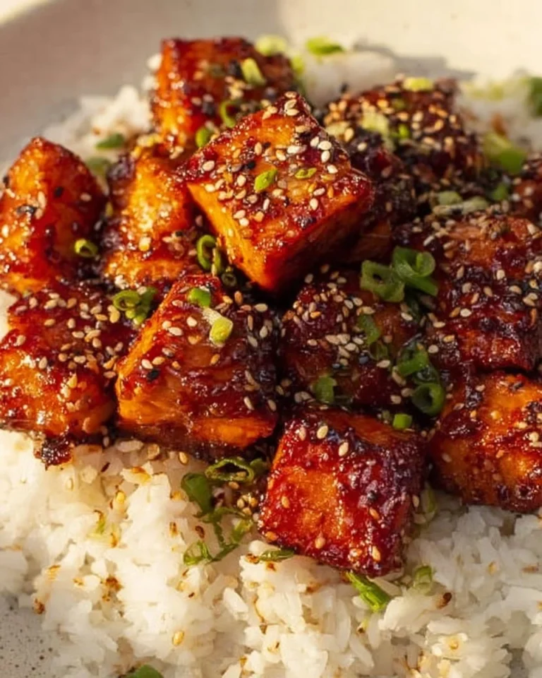Honey garlic salmon bites garnished and served on a plate