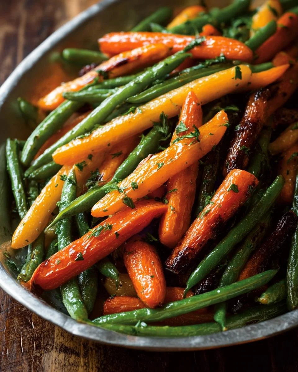 A vibrant dish of honey glazed carrots and green beans on a serving plate