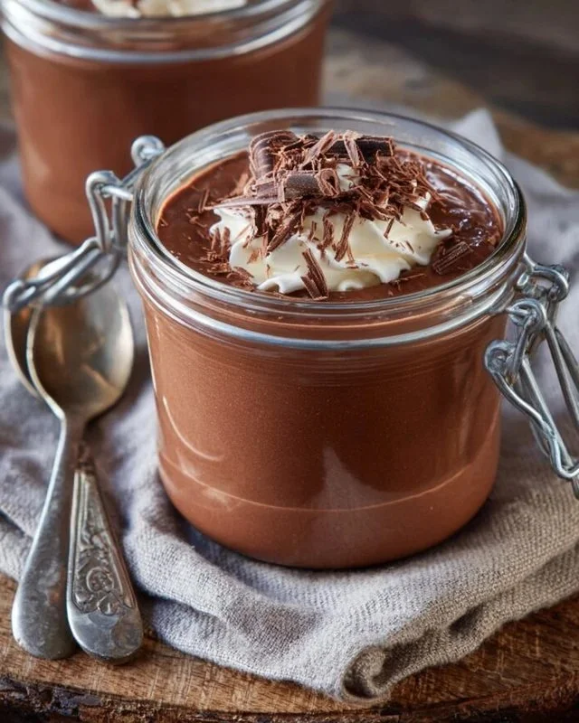 Homemade chocolate pudding in a bowl topped with whipped cream.