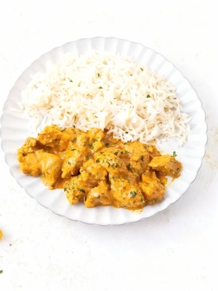 Serving of Indian Butter Chicken with naan and rice on a plate