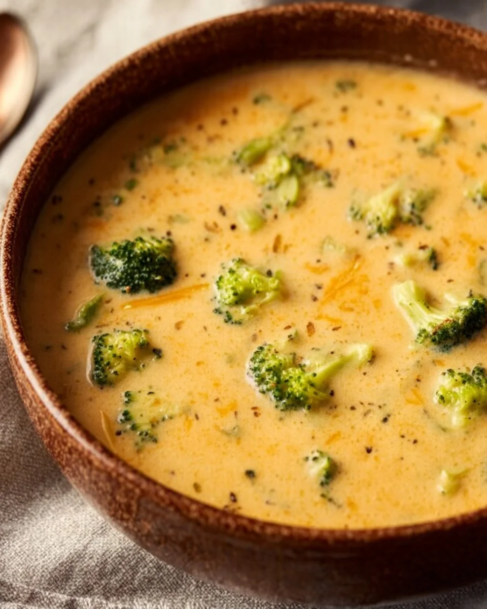 Creamy Instant Pot broccoli cheddar soup in a bowl, garnished with fresh herbs