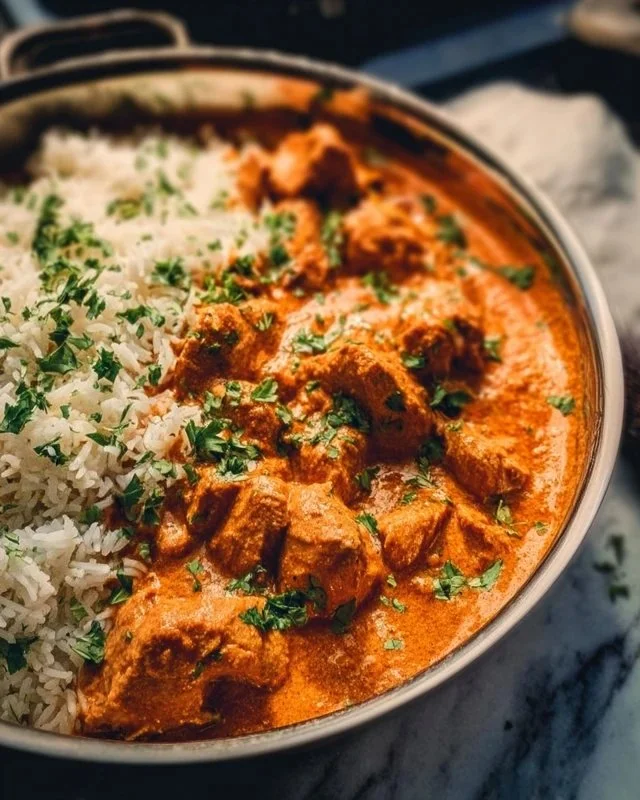 Instant Pot Butter Chicken served with rice and garnished with fresh cilantro