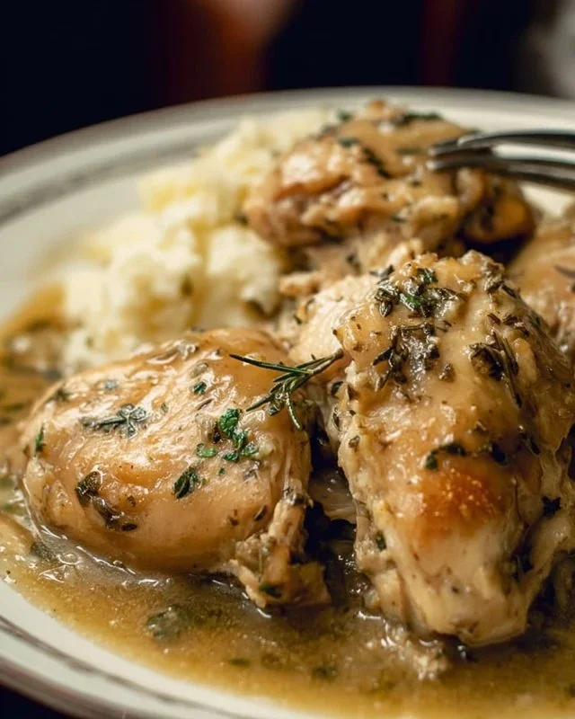 Instant Pot Chicken and Gravy served in a bowl with a side of mashed potatoes