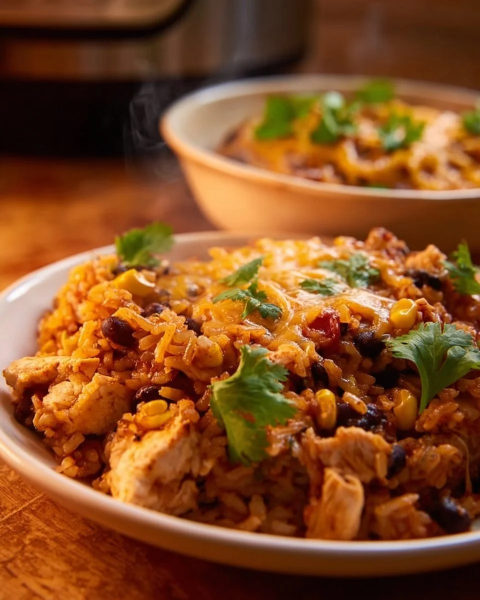 Delicious Instant Pot Chicken Burrito Bowls with rice, beans, and toppings