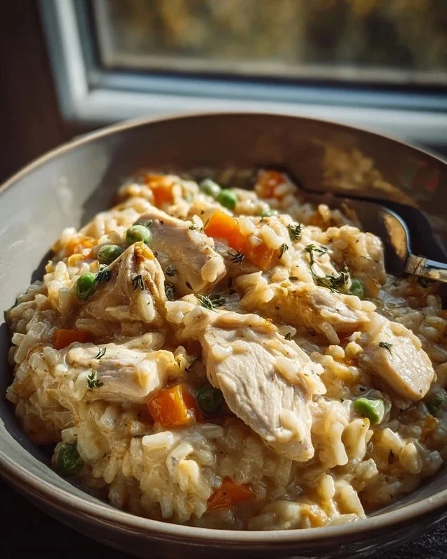 A bowl of creamy chicken and rice made in an Instant Pot, garnished with herbs.