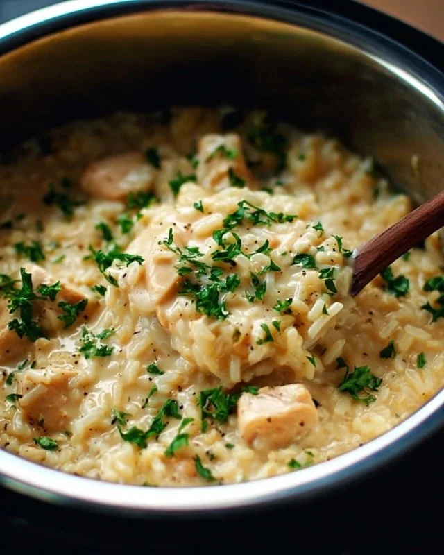 Delicious bowl of creamy chicken rice made in an Instant Pot