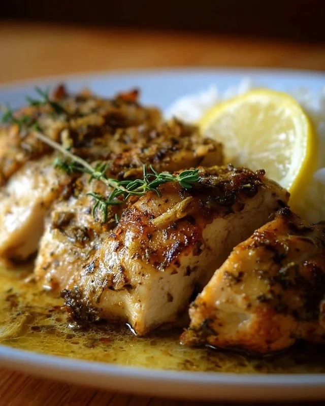 Instant Pot Lemon Chicken served on a plate with fresh herbs