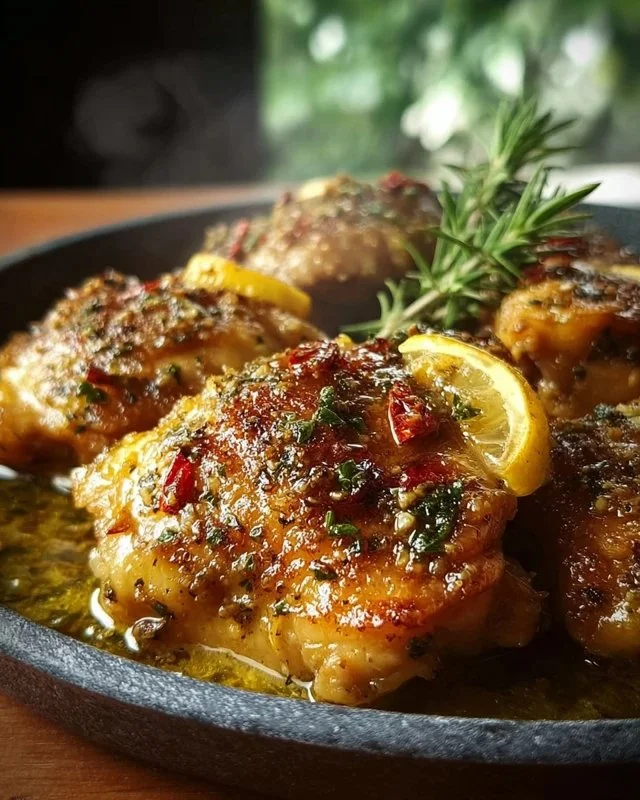 Delicious Instant Pot lemon chicken thighs served on a plate with fresh herbs.