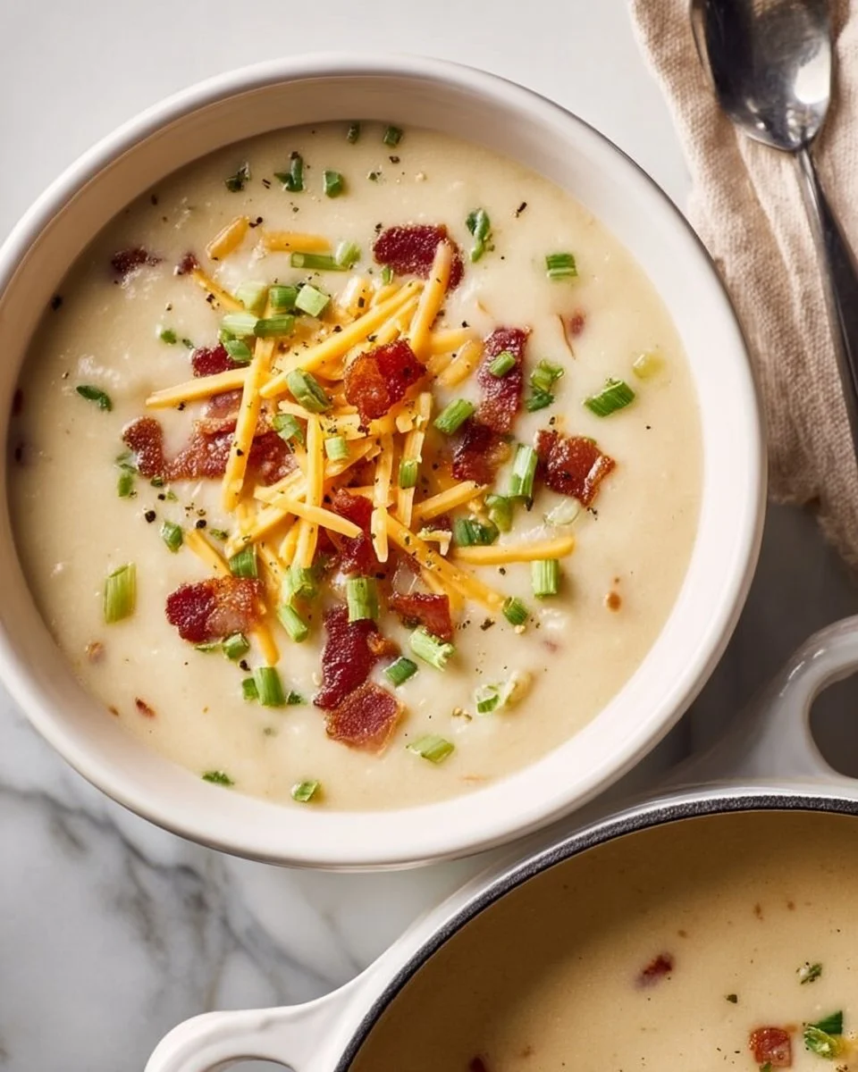 Delicious Instant Pot potato soup served in a bowl with toppings.