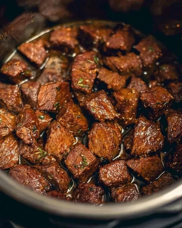 Instant Pot steak bites cooked to perfection and served with a garnish.