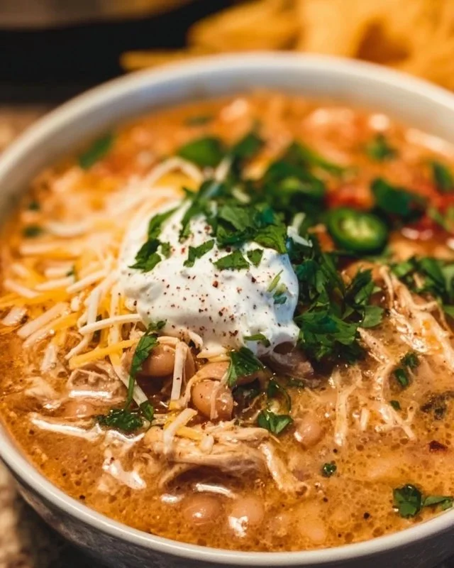 Delicious Instant Pot white chicken chili in a bowl, garnished with cilantro and lime.