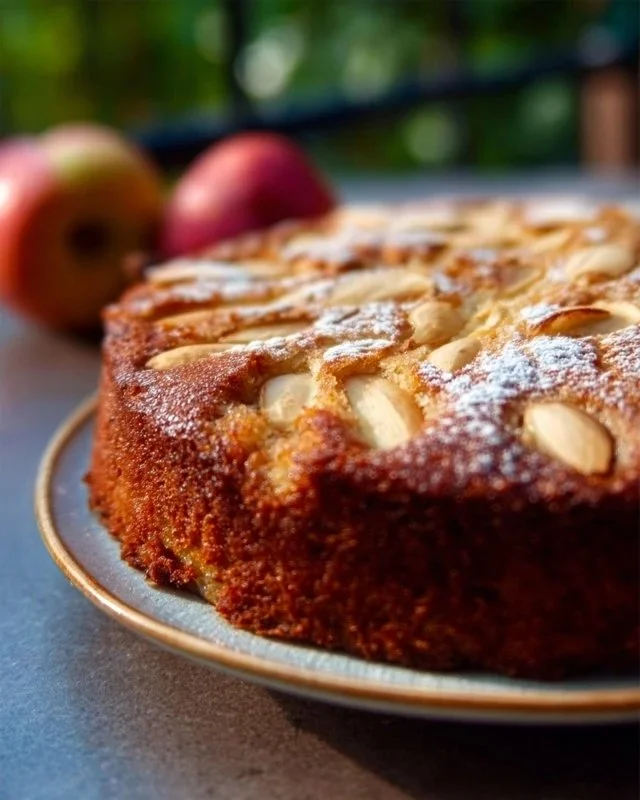Irresistible almond flour apple cake topped with fresh apple slices on a wooden table