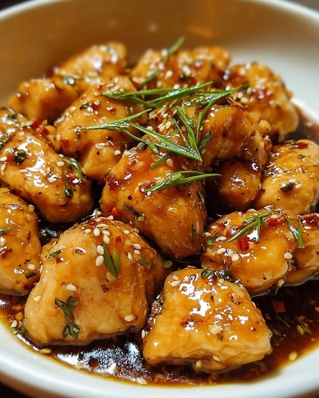 Plate of irresistible honey garlic chicken garnished with vegetables