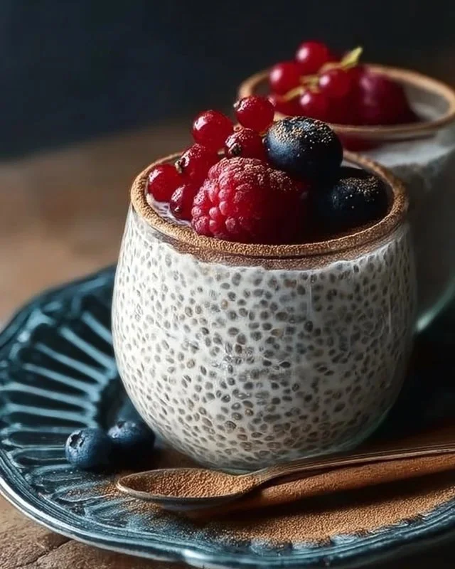 Delicious vanilla cinnamon chia pudding in a bowl with toppings