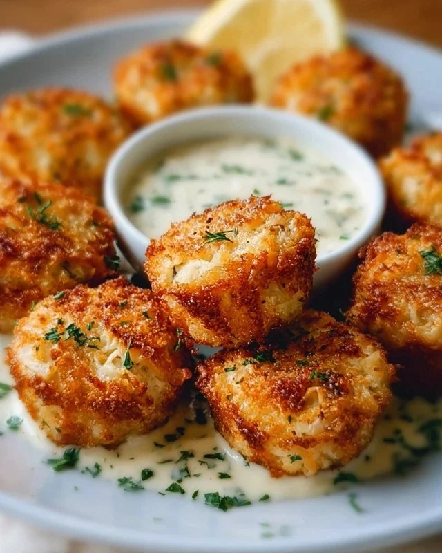 Crispy crab cake bites served with zesty lemon-dill sauce