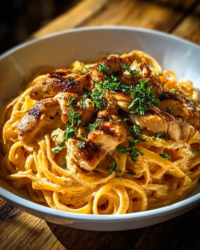 Easy cowboy butter chicken linguine served in a creamy sauce with pasta on a plate.