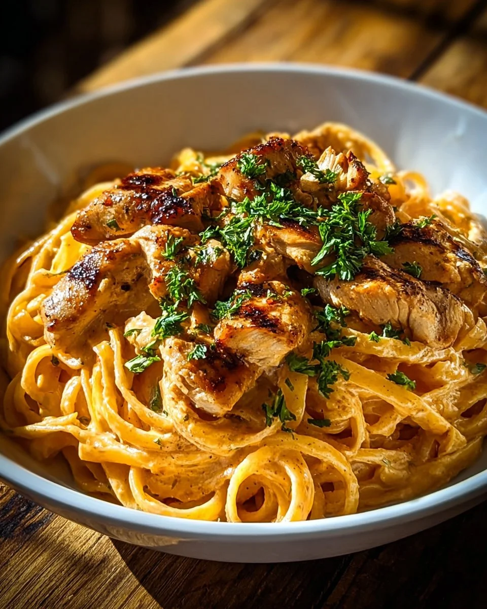 Easy cowboy butter chicken linguine served in a creamy sauce with pasta on a plate.