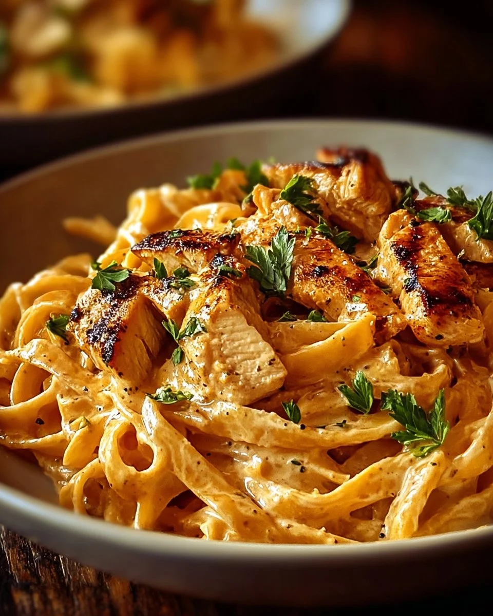 Delicious cowboy butter chicken linguine served in a bowl