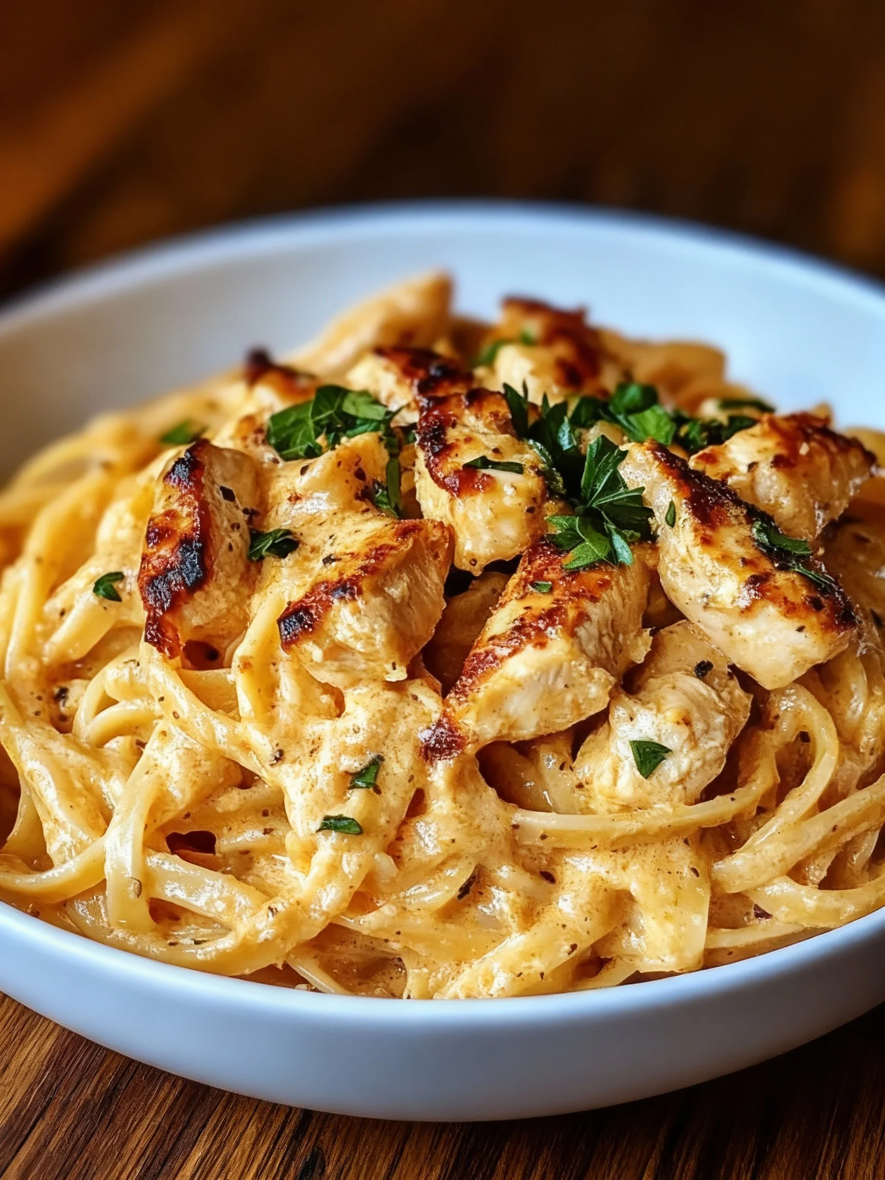 Easy Cowboy Butter Chicken Linguine served in a bowl