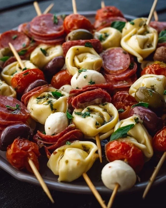 Italian antipasto skewers with marinated tortellini and mozzarella on a platter