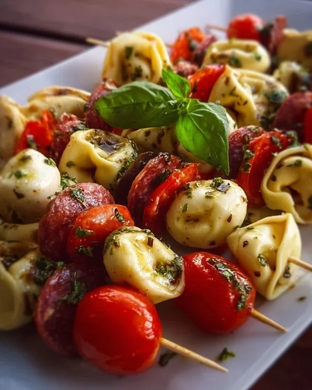 Italian Antipasto Skewers with Marinated Tortellini and Mozzarella