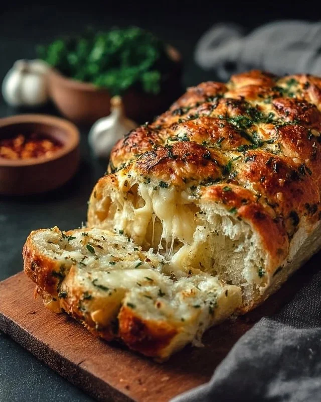 Loaf of Italian herb and cheese bread, garnished with fresh herbs and cheese.