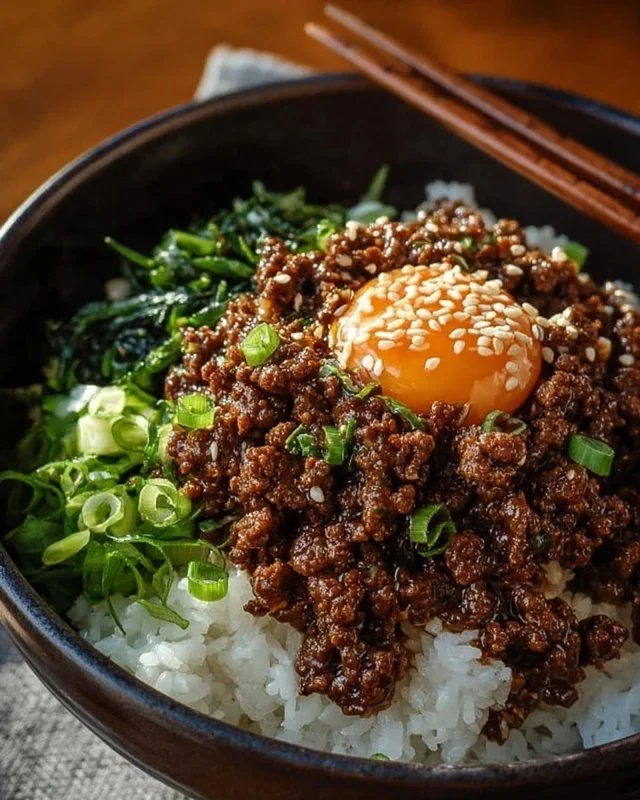 Delicious Korean Ground Beef Bowl garnished with green onions and sesame seeds