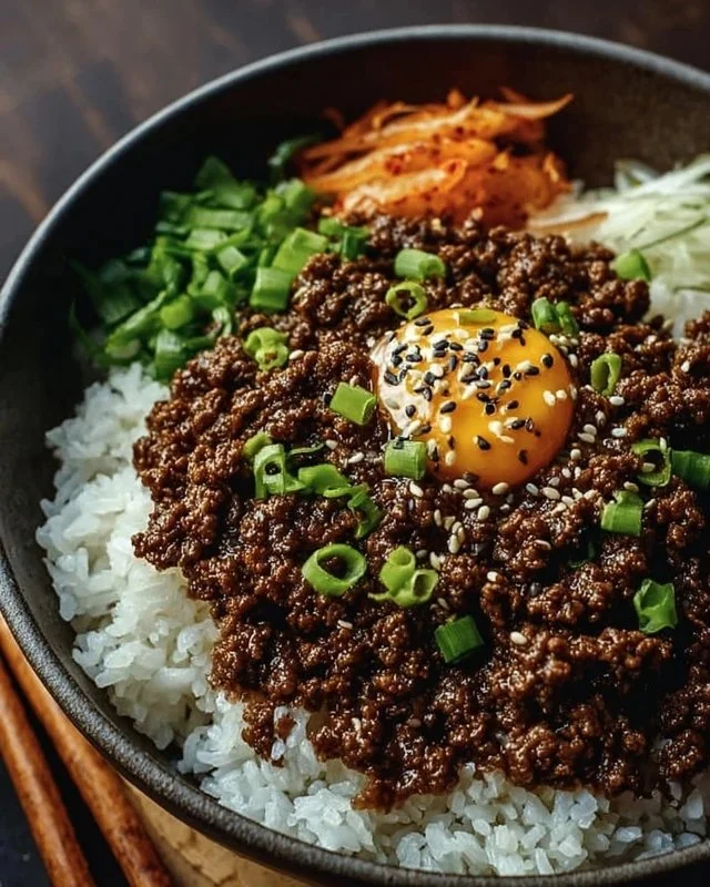 Korean Ground Beef Bowl with beef, rice, and vegetables