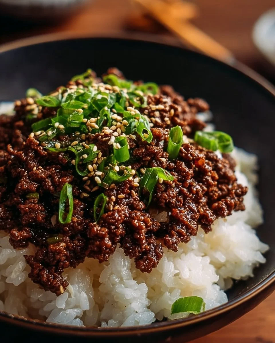 A Korean Ground Beef Bowl topped with vegetables and served with rice.