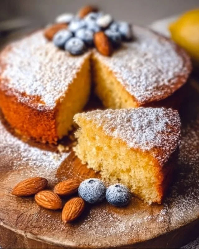Slice of moist lemon almond flour cake topped with lemon zest and almonds