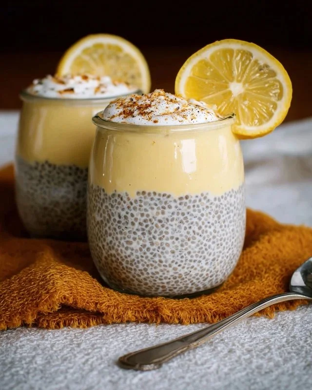 Lemon Cream Chia Pudding made with Oat Milk served in a glass bowl