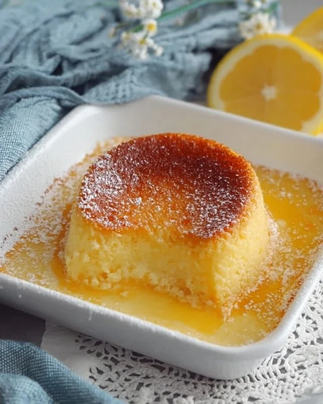 Delicious Lemon Pudding dessert served in a bowl with lemon slices