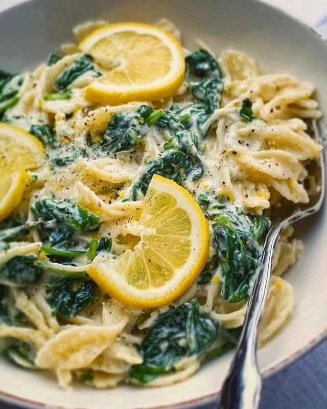 Delicious lemon ricotta pasta with spinach served in a bowl