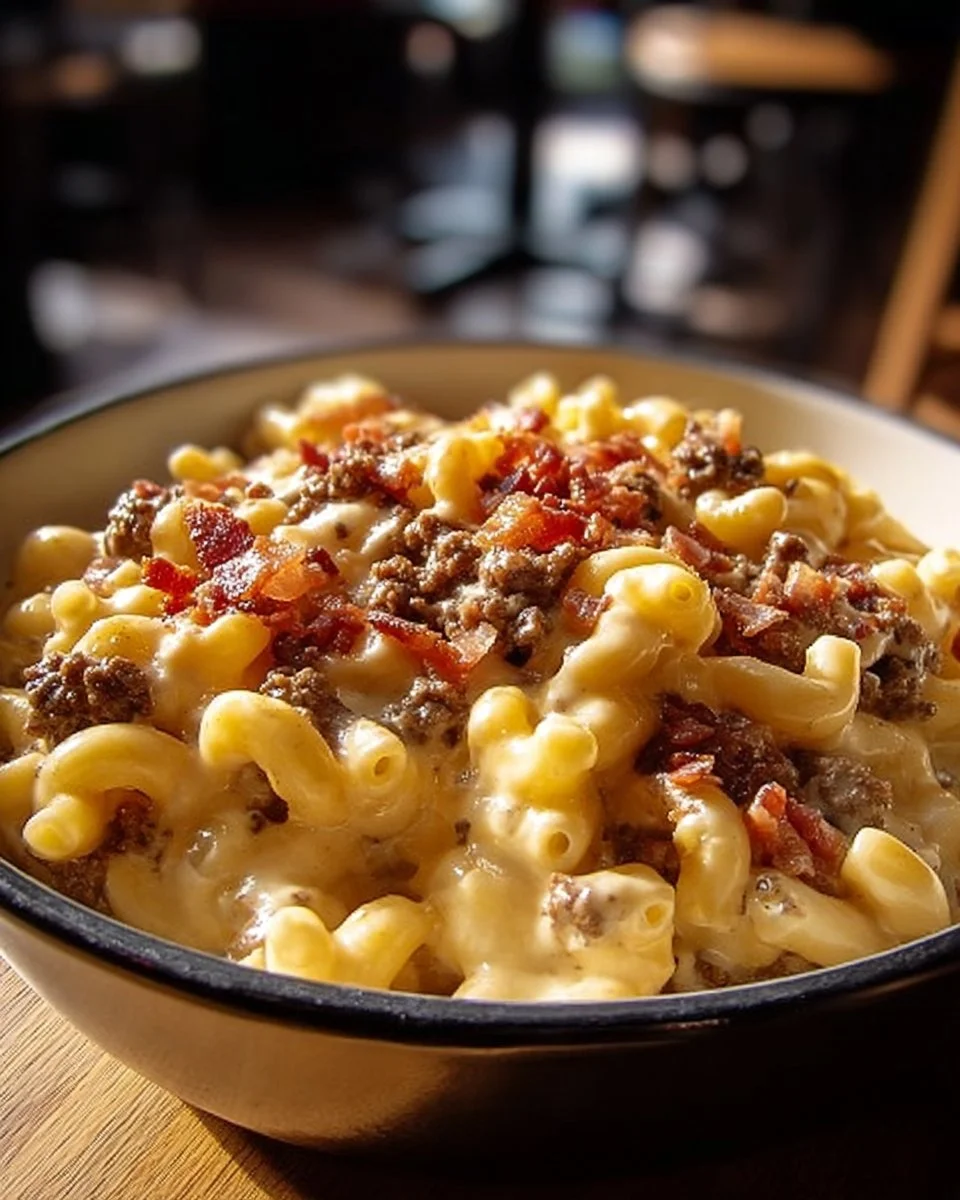 Creamy Loaded Bacon Cheeseburger Alfredo Pasta topped with crispy bacon and cheese