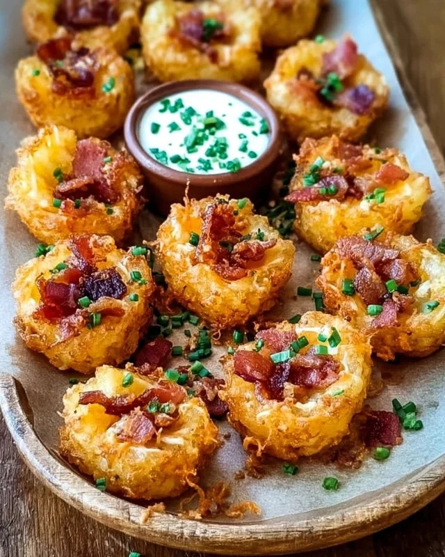 Plate of loaded tater tots topped with cheese, bacon, and green onions