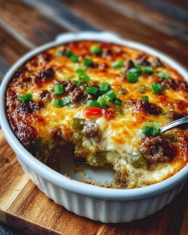 Low Carb Philly Cheesesteak Casserole garnished with cheese and peppers