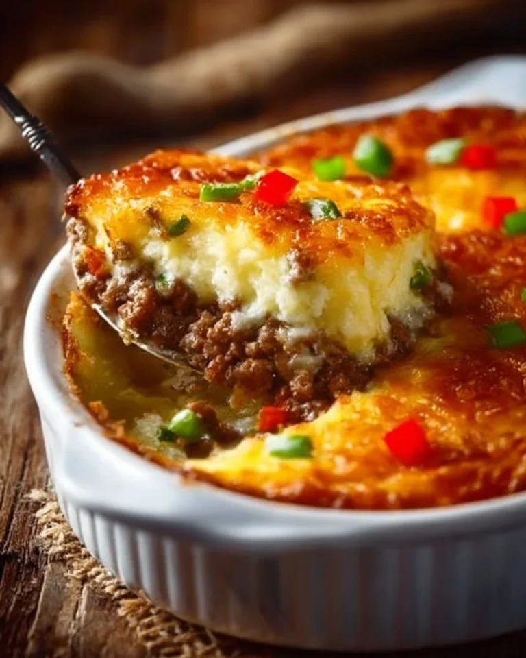 Low Carb Philly Cheesesteak Casserole topped with cheese and peppers